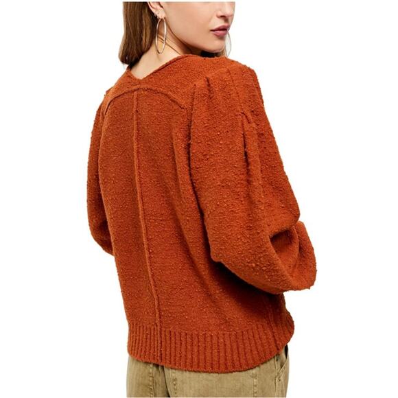 Free People Reverie V-Neck Rib Knit Sweater Balloon Sleeve Burnt Butter XS - Picture 3 of 10